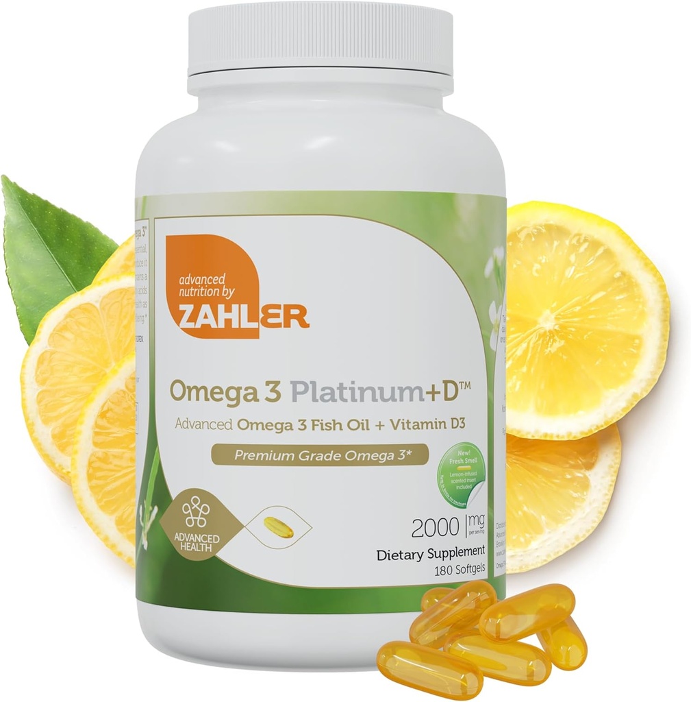 Zahler Omega 3 Platinum + D,全天然纯鱼油补充品,无鱼余味的Burpless Softgel,EPA和DHA中最高的,认证科舍尔,180软胶