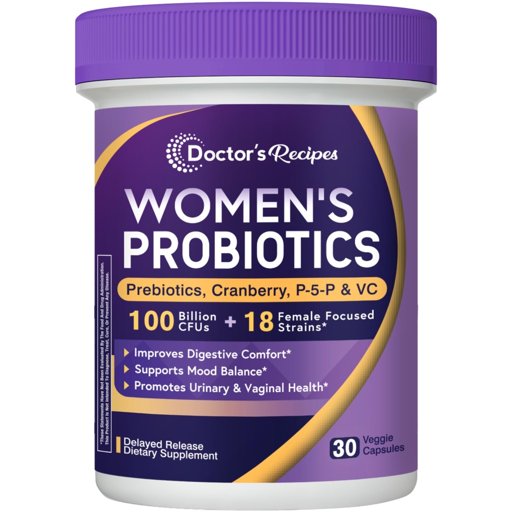 女医生的食谱、100亿CFU、18个Probiotic Strains、Pribiotic、Cranberry、P-5-P & VC、阴道、消化和免疫支持、大陆架稳定、30个Vegan Caps