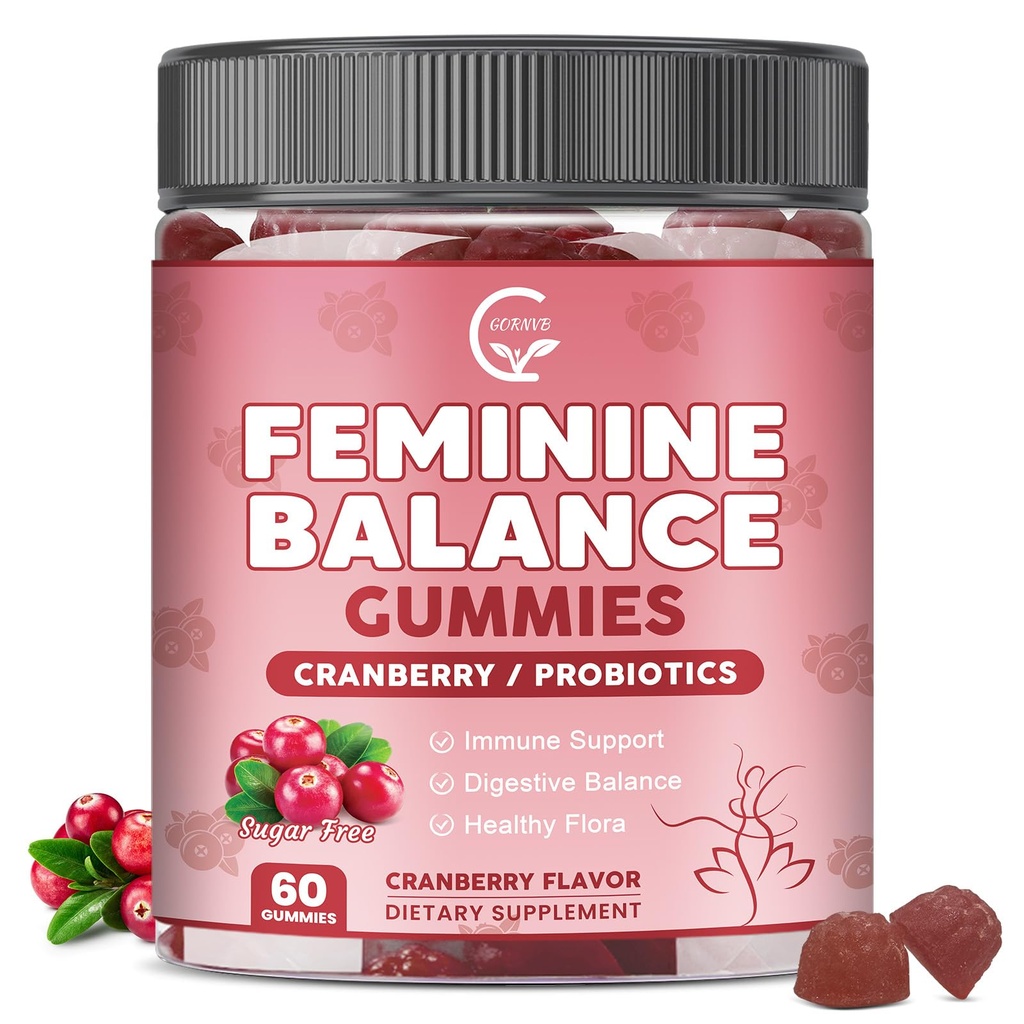 GORNVB Premium Feminine Balance Gummies for Women, Support pH Balance & Vaginal Probiotics Health Gummies with Cranberry Pineapple Powder, D-Mannose, Sugar Free, Gluten Free, Vegan