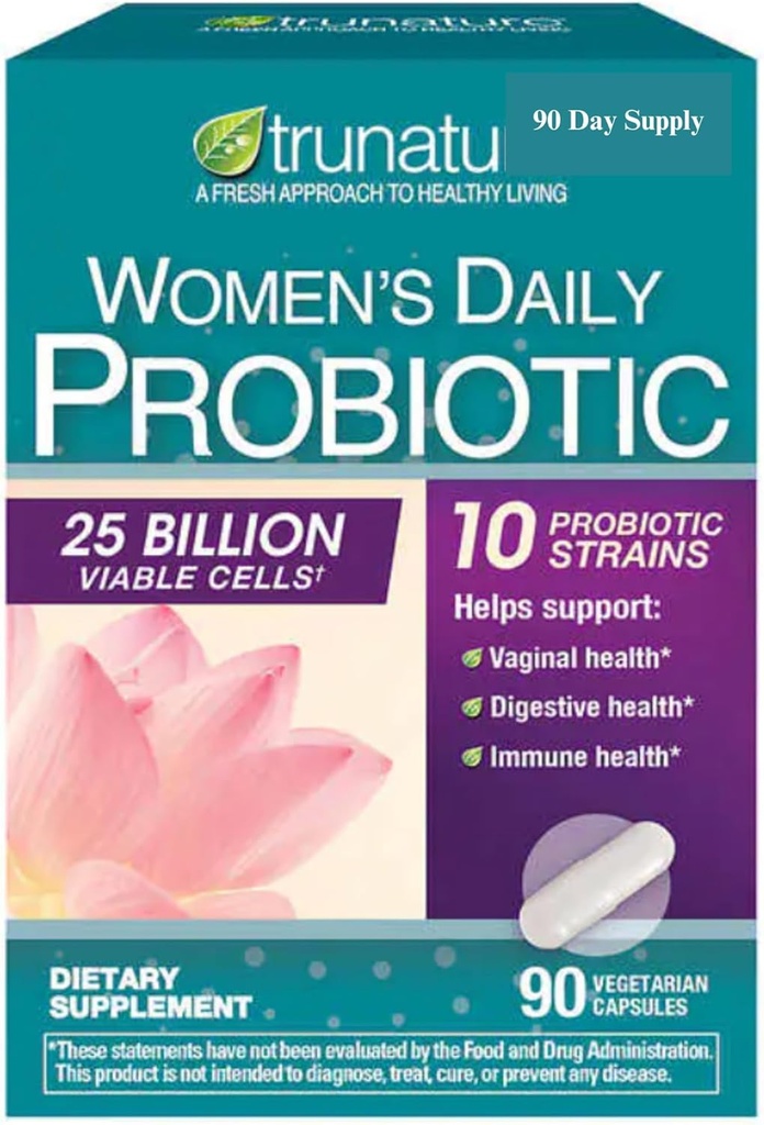 Tru Nature Women's Daily PROBIOTIC 90 Capsules, 25 Billion Cells Vegetarian Probiotics for Digestive Health 90 Count, 90 Day Supply +Better Guide Vitamins