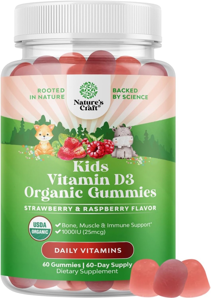 Natures Organical Vitamin D Gummys for Kids - Vegan Kids 免责支持 配有维生素D的Gummys D for Daily Teeth Muscle & Bone Support - 有机D3 非转基因和胶质免费2个月