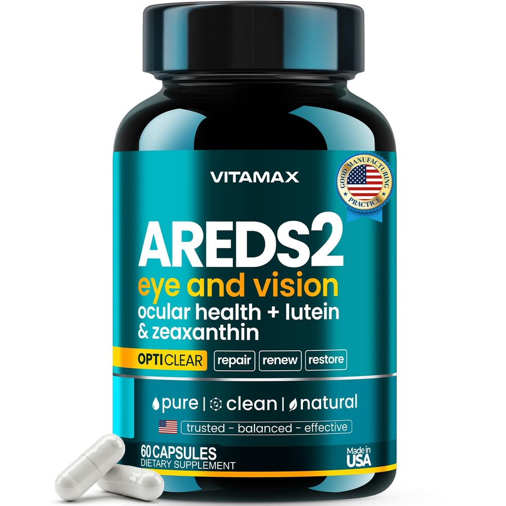 AREDS 2 眼维生素——Lutein、Zeaxanthin、Bilberry、Astaxanthin 矿物远景补编——支持眼片、干眼、压力和远景健康——美国制造——60厘米