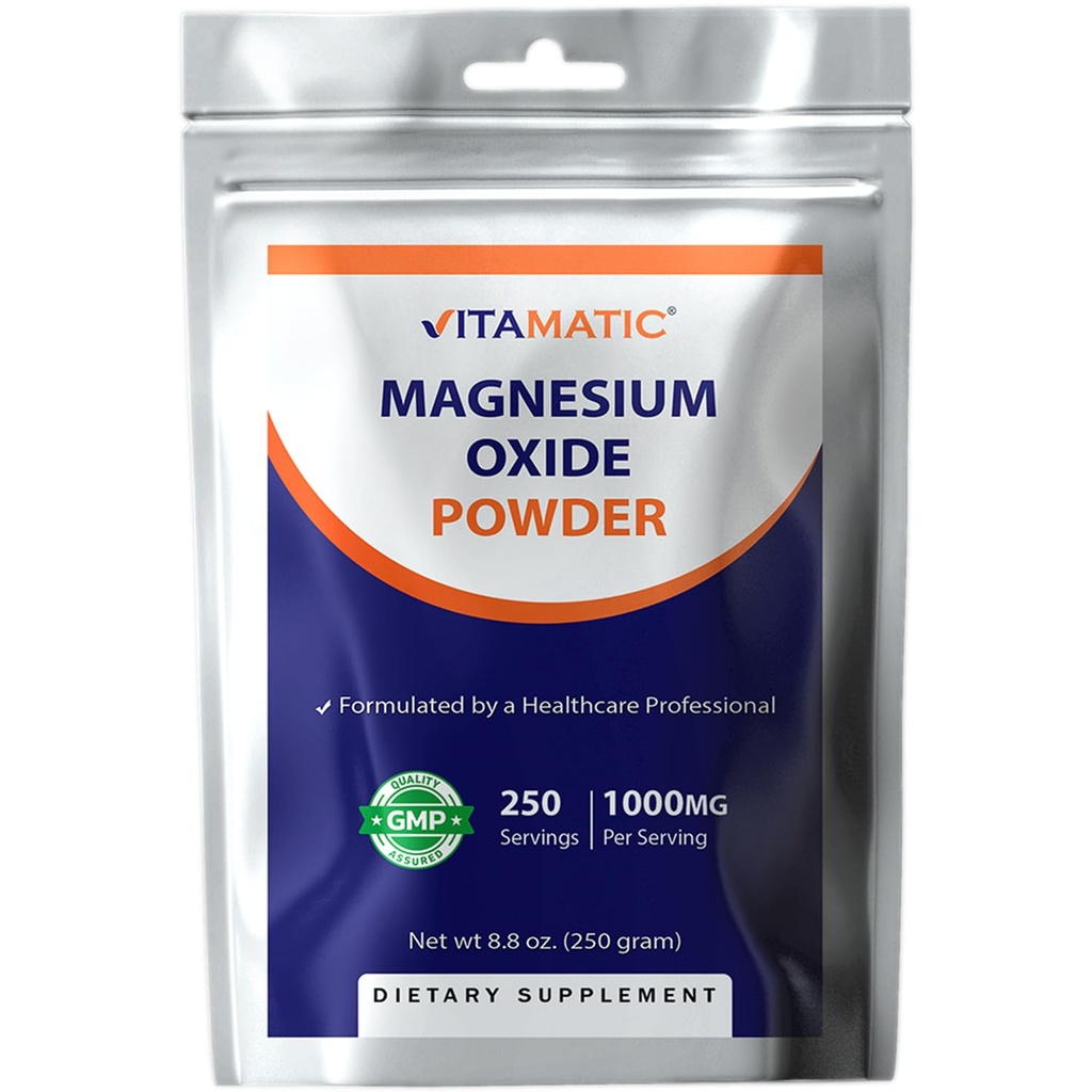 Vitamatic Magnesium Oxide Powder – 1000 mg Per Serving – 250 Servings – High Absorption Magnesium Supplement – 600 mg Elemental Magnesium – Unflavored