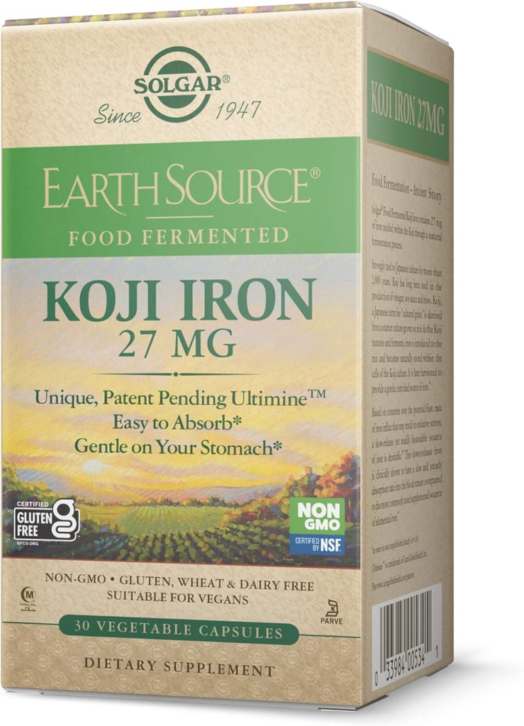 Solgar Earth源食品发酵 Koji Iron 27mg, 30 蔬菜罐头 - 高等吸收, 慢放铁 - 胃上的温柔 - 非GMO, Vegan, Gluten Free, 奶油自由, Kosher - 30 服务