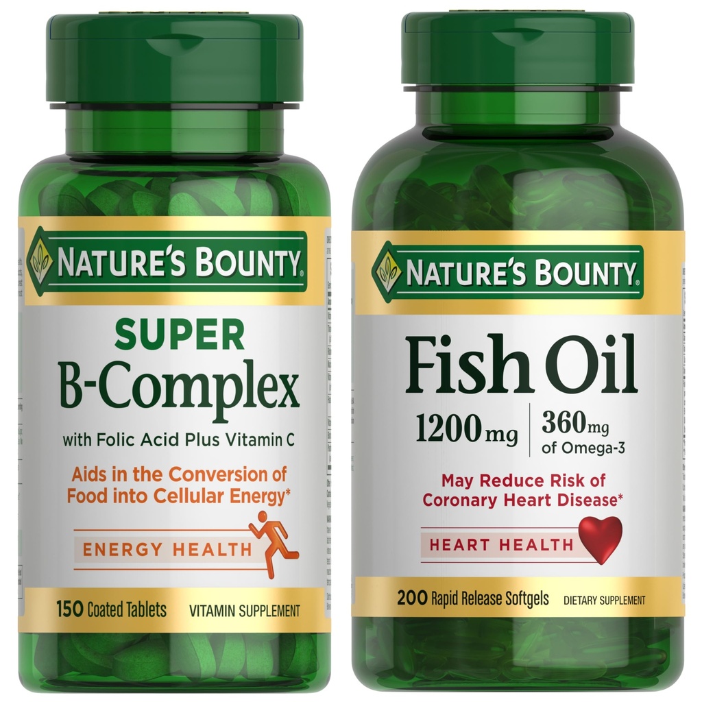 Nature's Bounty Energy & Heart Health Bundle: Super B Complex Vitamins with Vitamin C & Folic Acid (150 Count) for Immune & Cellular Support + Fish Oil Omega-3 (1200 Mg, 200 Count) for Heart Wellness