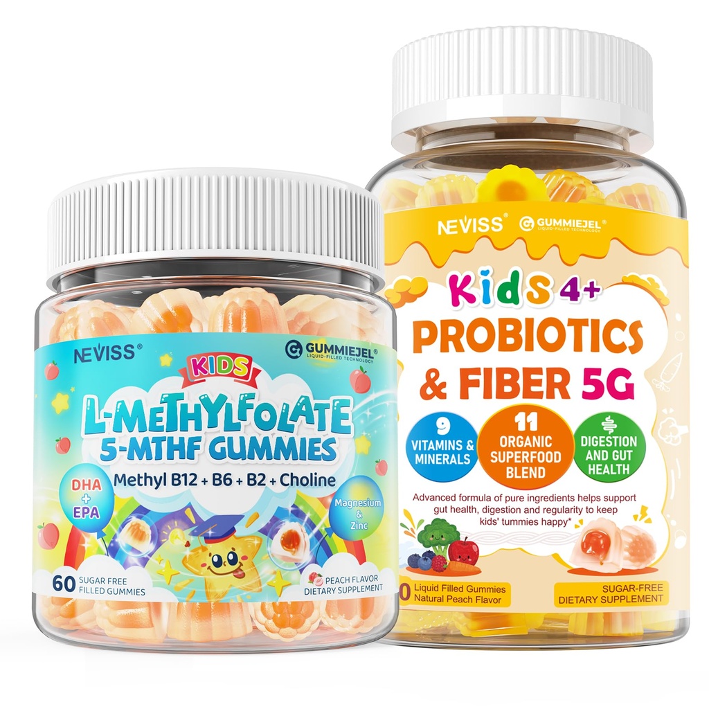 Kids Probiotic + Prebiotic Fiber Gummies 5G, 12 Billion CFU Probiotic & Veggie Fruit Fiber + Kids L-Methylfolate Gummies, Active 5-MTHF + Methyl B12, Vitamin B6, B2, Choline, Vegan Omega 3 DHA & EPA