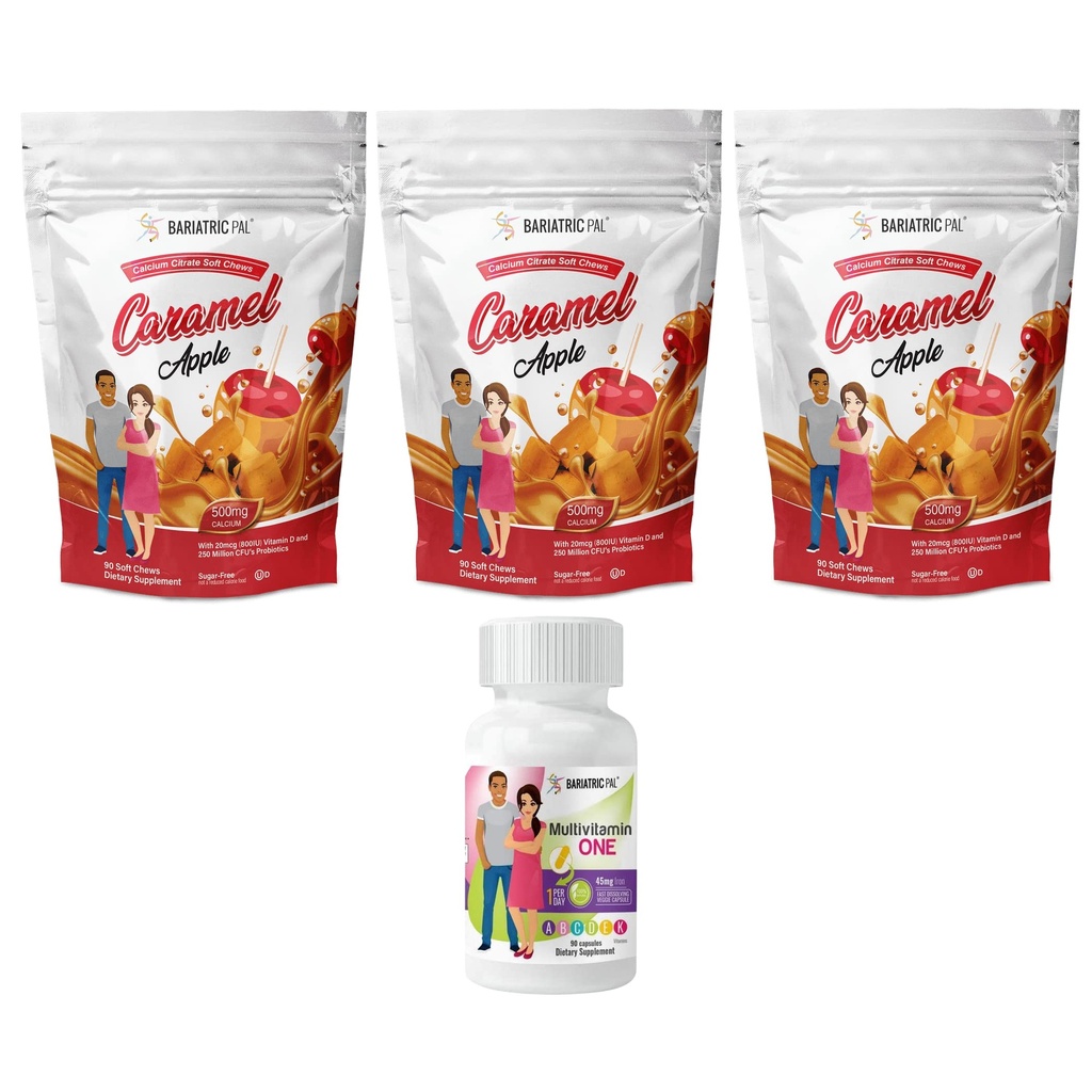 BariatricPal 90天Bariatric Vitamin Bundle(多维他命一日一号)! 带有45mg铁和钙的盖子 Citrate Soft Chews 500mg 与 Probiotics - 焦糖苹果)