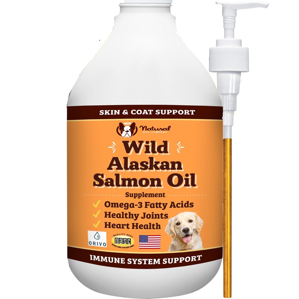 Natural Dog Company Wild Alaskan Salmon Oil Formula with Omega 3, Fish Oil for Dogs Supplement, Skin & Coat Dog Oil, Itchy Relief, Immune Support for Joints & Heart, Food Topper, 64 oz