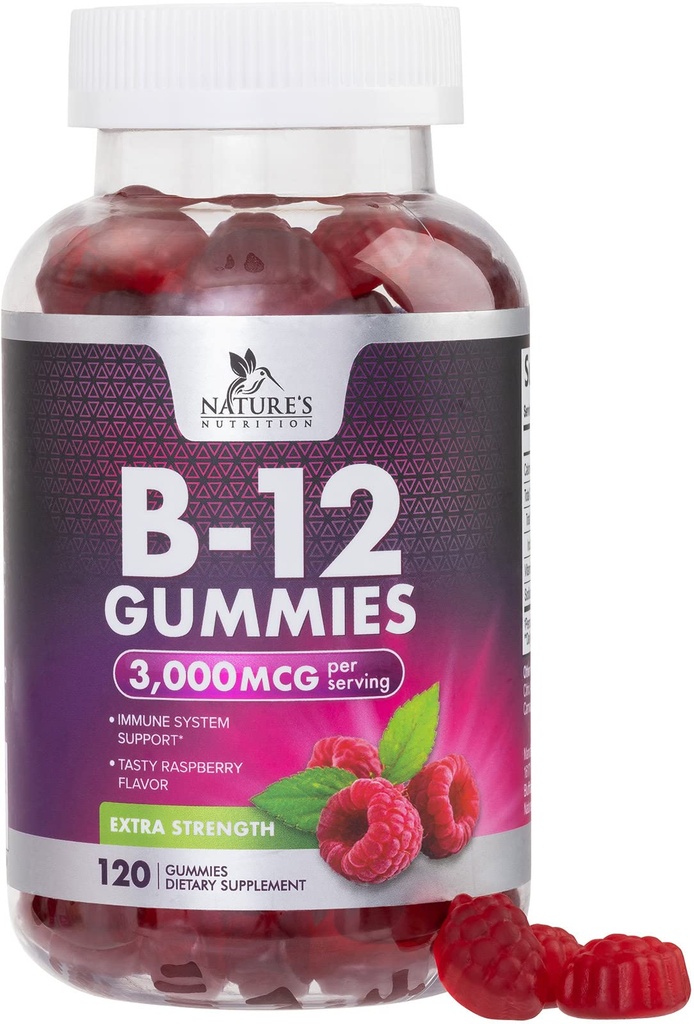 B12 维生素能量Gummys 3000 mcg - 超强B 12 Gummy用于代谢和免疫系统支持 - 可口味饮食 B12 成人与儿童咖啡因免费Gummy Vitamin-120 Gummys