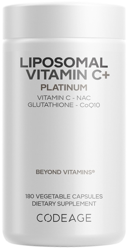 编码: Liposomal 维生素C+ 白金 - 1000 Mg 维生素C 维生素C 维生素, Glutathione, NAC(N Acetyl Cysteine),Resveratrol, CoQ10, Rutin, 长老莓, Quercetin, Rosehip, Citrus Bioflavoids - 180 Capsules