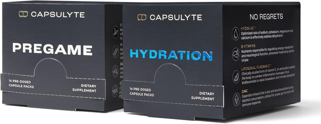 Pregame & Hydrion Bundle – 医生 配制的酒精援助和康复 – 肝脏健康和电解剂,维生素,矿物 – 盒每盒14个包(每盒56个卡普尔)