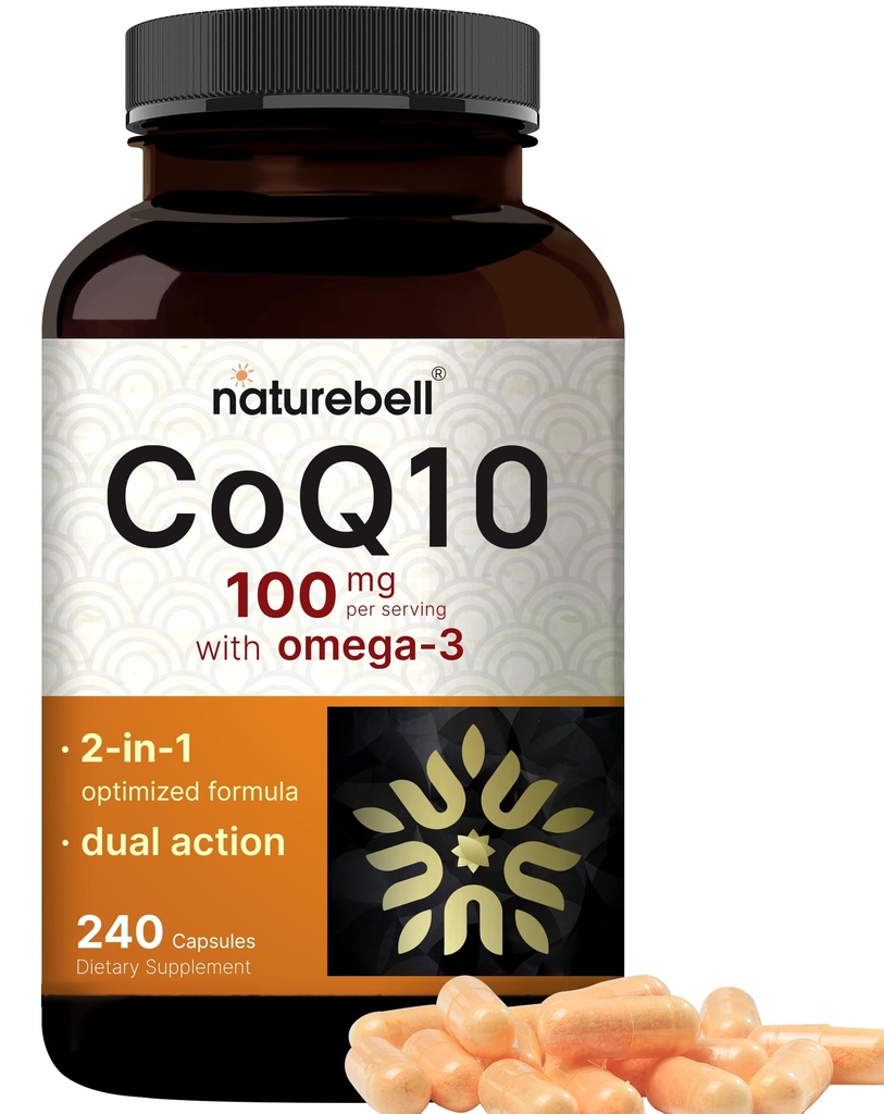 NatureBell CoQ10 100mg 配 Omega 3, 240 Capsules QQ 稳定高吸附形式 – 抗氧化剂支持心脏和能量健康 – 外强Coenzyme Q10 补充