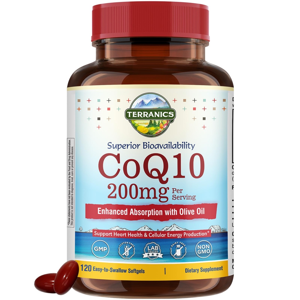 Terranics CoQ10 200mg,Coenzyme Q10,加外维尔京橄榄油用于强化吸收,美国制造,支持心脏健康,抗氧化剂保护,能源生产,非GMO,120软胶