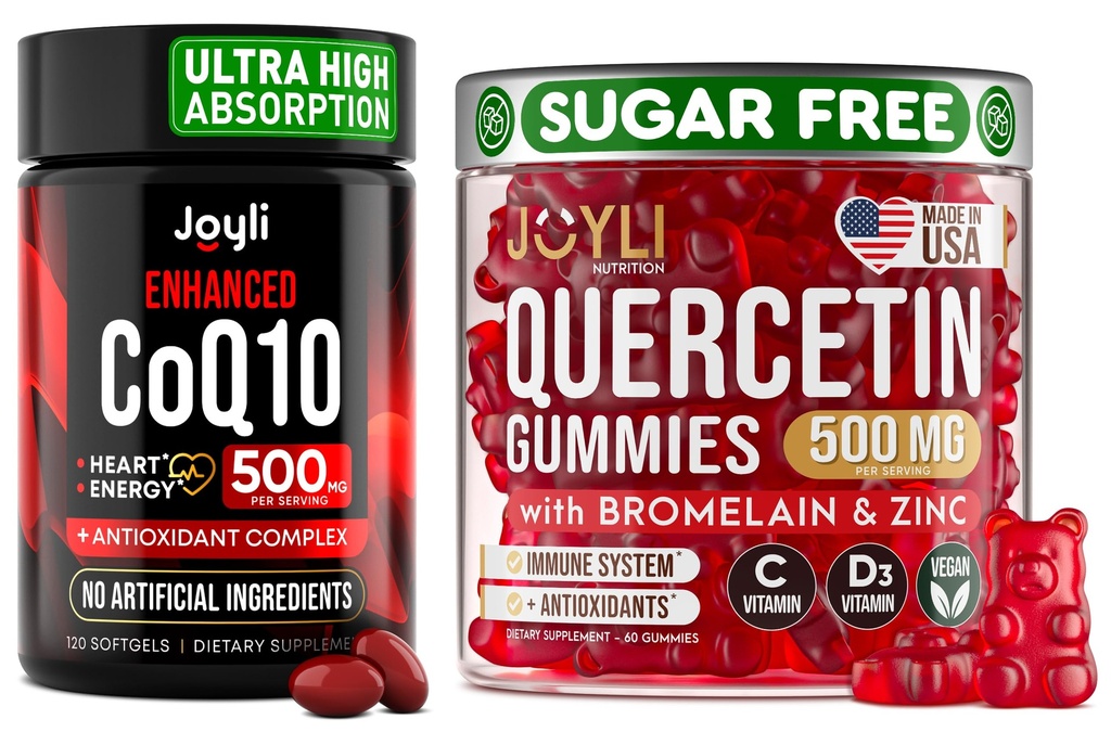 Quercetin with Bromelain & CoQ10 500mg Bundle – 120 Coenzyme Q10 Softgels + 60 无糖Quercetin Gummys with Zinc, Vitamin C & D3 – Immune, Heart & Energy Supports – 美国制造的辅助产品