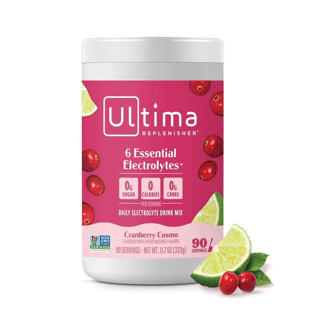 Ultima Replenisher Daily Electrolyte Powder Drink Mix – 无糖配乐 – Cranberry Cosmo, 90 services – 水上配乐 6个关键电解质和追踪矿物 – Keto 友好非GMO