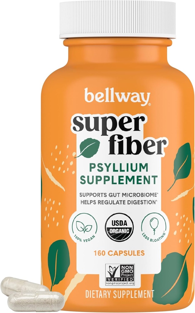 Bellway Super Fiber Capsules - USDA 有机 Psyllium Husk Capsules - Daily Psyllium Husk Fiber 消化健康和规律补充 - 植物基,非GMO,科舍尔 - 160 Capsules