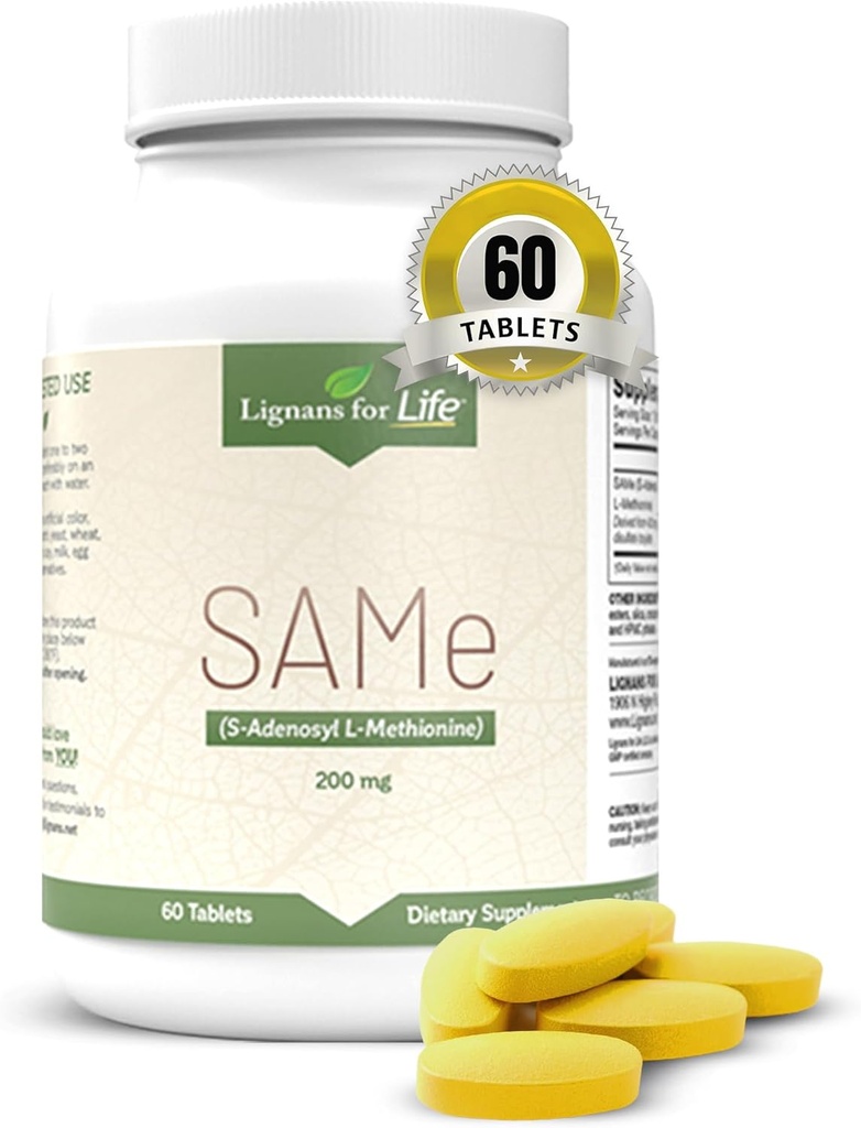 Lignans For Life SAM-e 200mg, 60 片 - 对成年人的营养支持,Mood & 联合支持补充,Liver健康,纤维机器人与豁免支持,脑健康,S-Adenosyl Methionine补充
