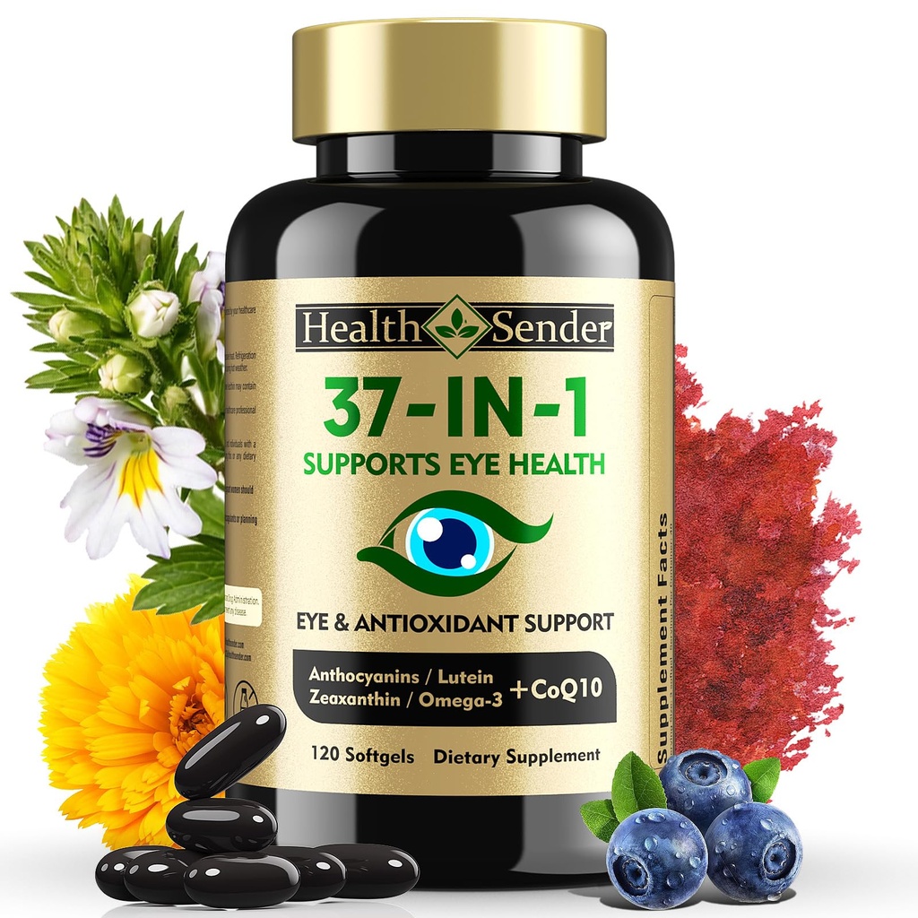 37 in 1 配有Lutein和Zeaxanthin的眼维生素补充剂 — 配有 CoQ10, Omega-3, 对成年人和老年人的矿物眼健康支持, Daily Vision 补充剂, 120 Black Softgels