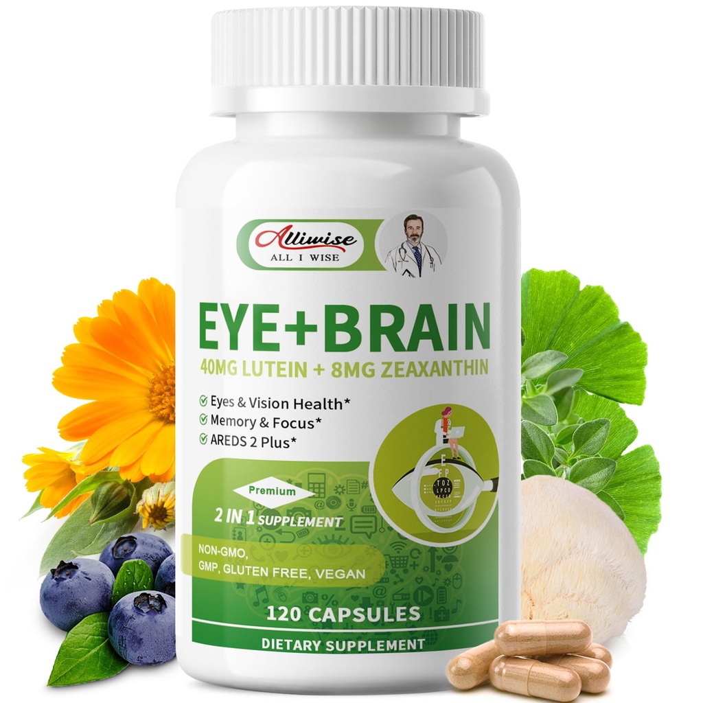 眼+脑补充剂 记忆和焦点 Lutein 40mg, Zeaxanthin, Astaxanthin, Bilberry, 狮子马内, Bacopa Monnieri, Ginkgo Biloba, 14 in 1 成人和老年人眼维生素120 Capsules