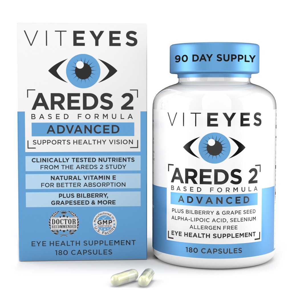 Viteyes AREDS 2 高级眼维生素,与Bilberry,葡萄籽,FLORA GLO Lutein,硒,天然维生素E,Allergen Free,视觉保护,眼科医生信任,180个计数