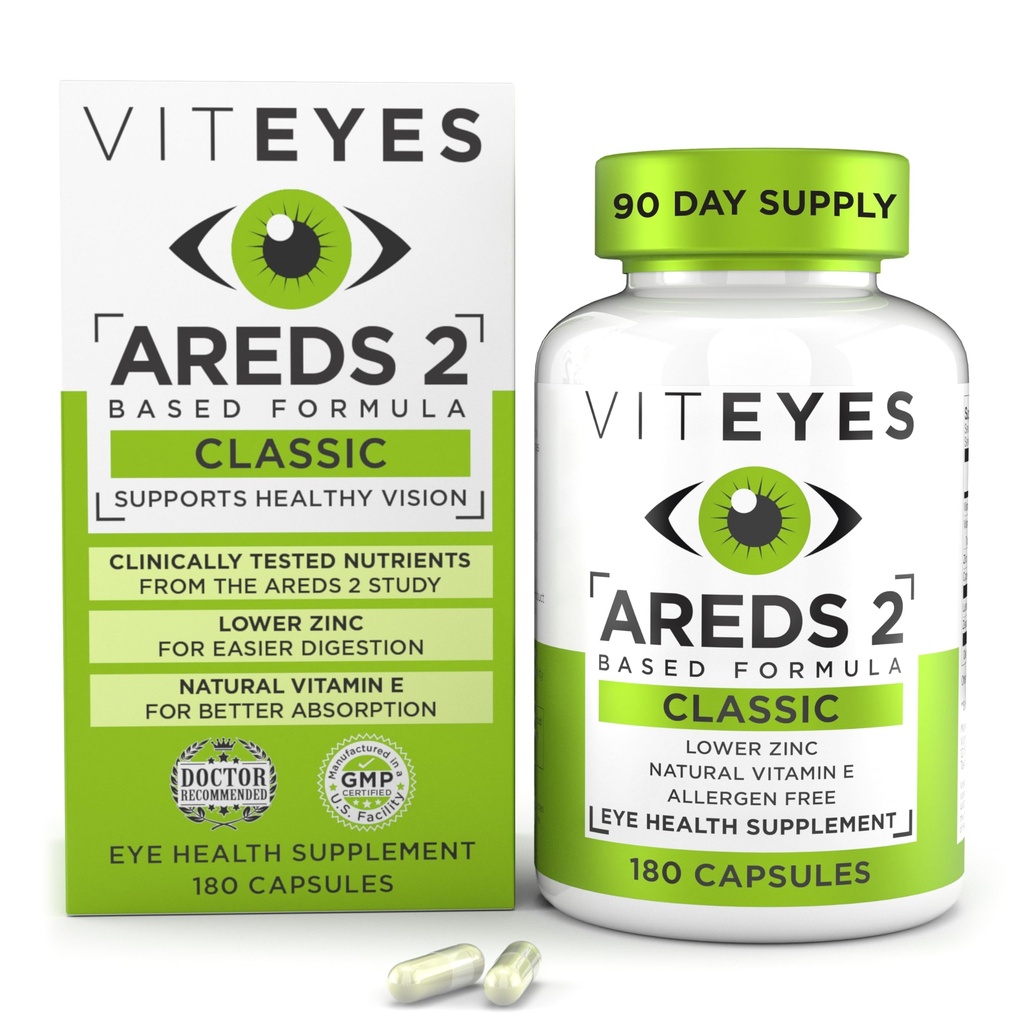 Viteyes AREDS 2 眼维生素,经典美术支持,Allergen Free Capsules,配有天然维生素E,维生素C,锌,铜,Lutein & Zeaxanthin,眼科医生信任,美国制造,180Ct