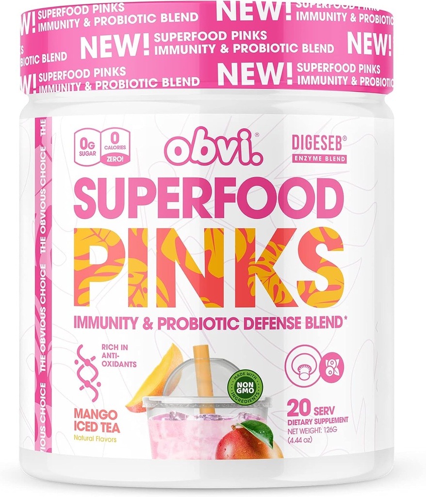 Obvi超级食品粉红 Probiotic Blend \ 富含抗氧化剂 适应剂 消化酶 Blend, Immune 支持, Gut Health QQ Keto, Gluten - Free, No Sugar, 100亿 CFU \ Mango Iced Tea, 20种服务