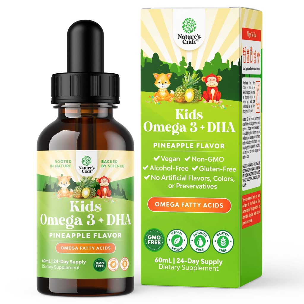 儿童 DHA Omega 3 Drops - 脂肪酸 Omega 3 6 9 大脑,免疫强力和视野 - 儿童健康神经系统营养DHA 和重点支持 - 配有EPA & ALA的液体补充 - 2 Fl Oz