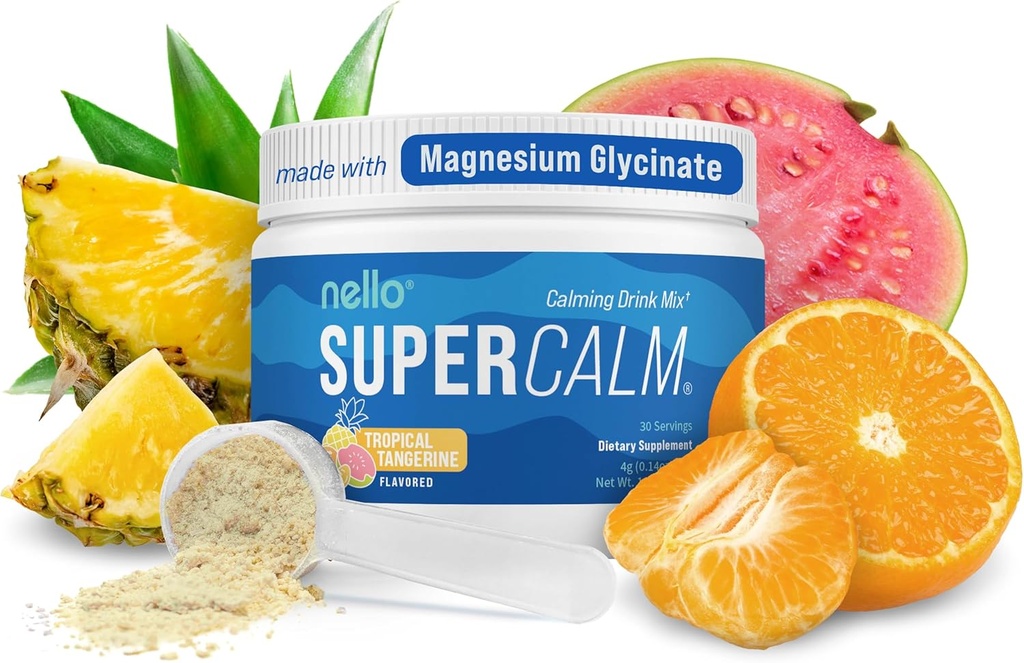 Nello Supercalm Powdered Drinking Mix, 热带丹杰林, L Theanine, Ksm-66 Ashwagandha, 甘油镁, 维生素D 3, 放松和聚焦补充, 天然, 无糖, 非转基因组, 30 Srvg