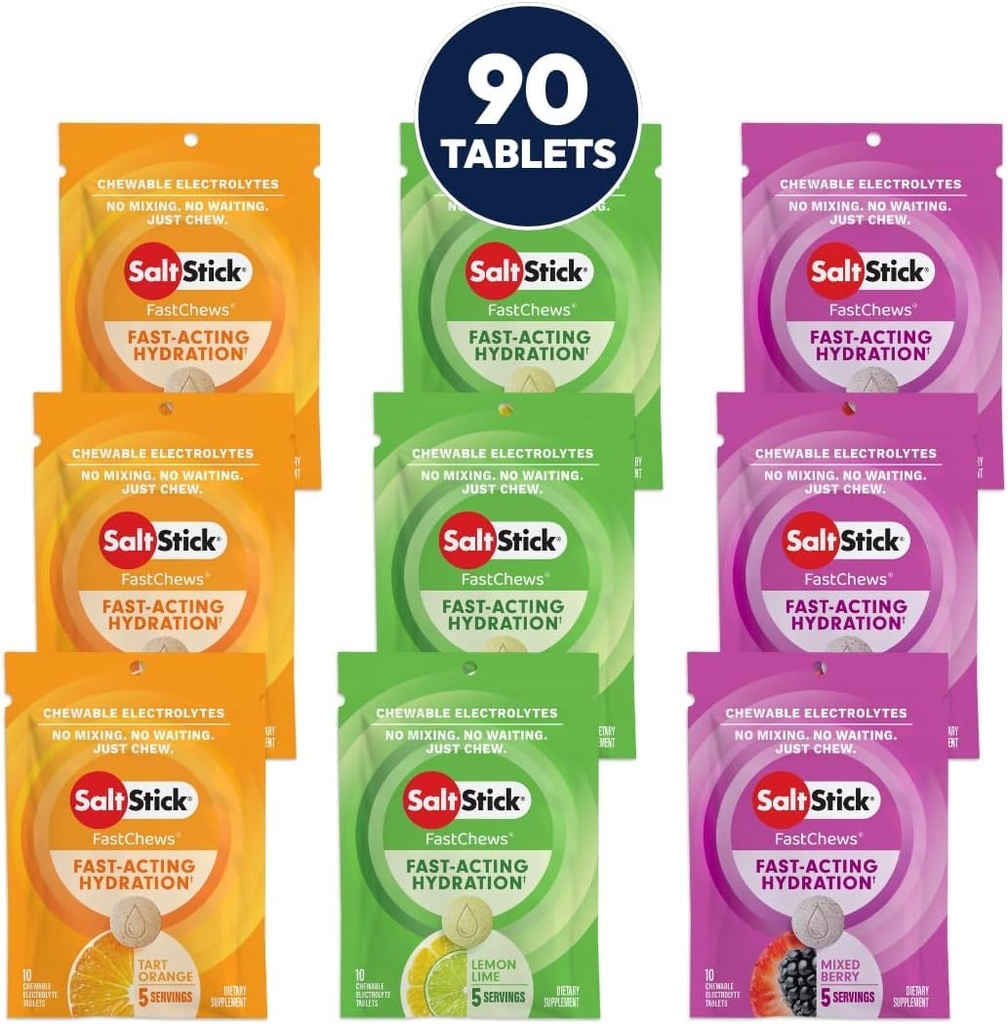 SaltStick Electrolyte FastChews - 90 Count Best Sellers Variety Pack of Resealable Chewable Electrolyte Tablets for Hydration, Salt Tabs
