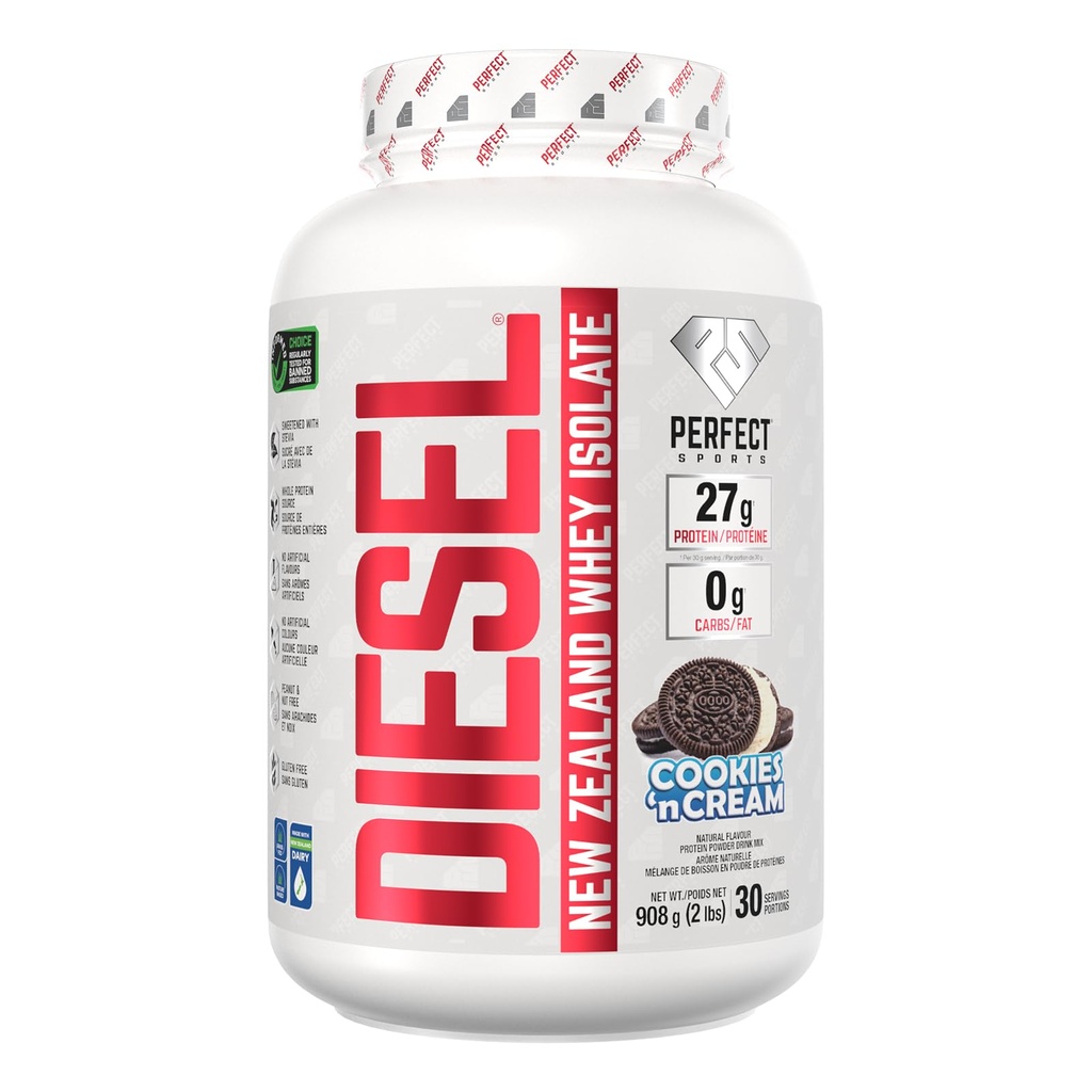 Perfect Sports Diesel 100% New Zealand Whey Protein Isolate | Stevia Sweetened, No Artificial Ingredients, Keto | 0g Carb, 0g Fat, 26g Protein | 2 Pounds (Cookies 'n Cream)
