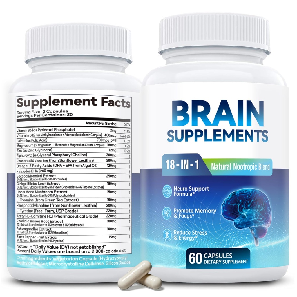 18-in-1 记忆与焦点的大脑补充 – Notropic Capsules with Alpha GPC, Bacopa, Ginkgo Biloba, Lion's Mane, Vitamin B6 & B12 → 认知健康,精神清晰 → Vegan, Non-GMO