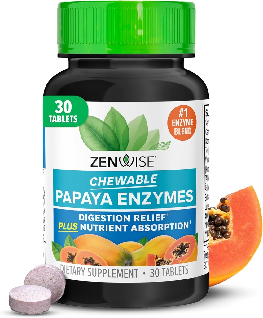 Zenwise Health Chewable Papaya Enzymes for Digestion & Gut Support - Chewible Digitionive Enzyme Blend with Papain and Bromelain for Digestive Health & Bloating Relief - 女性和男性 - 30块餐具
