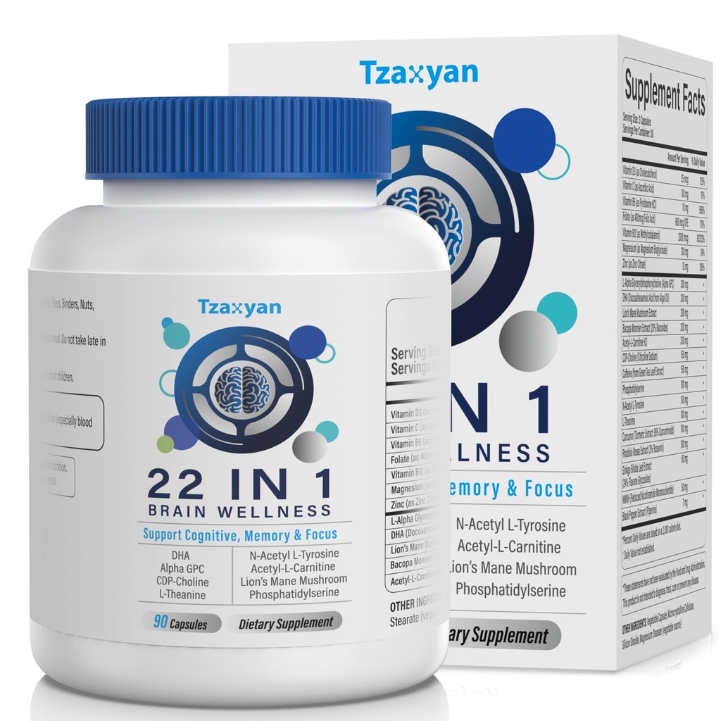 记忆和焦点、清晰和认知改进的大脑补充、300mg Alpha GPC、CDP-Choline、DHA、Lion's Mane、L-Theanine、维生素B6 B12和男、女的磷酸盐,90卡普尔