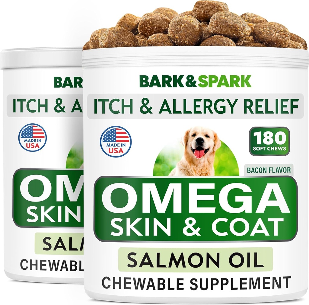 BARK&SPARK Omega 3 for Dogs - 360 Fish Oil Treats for Dog Sheding, 皮肤过敏,节肢减肥,热点治疗 - 联合健康 - 皮肤和煤炭补充 - EPA & DHA Fatty Acids - Salmon Oil - Bacon