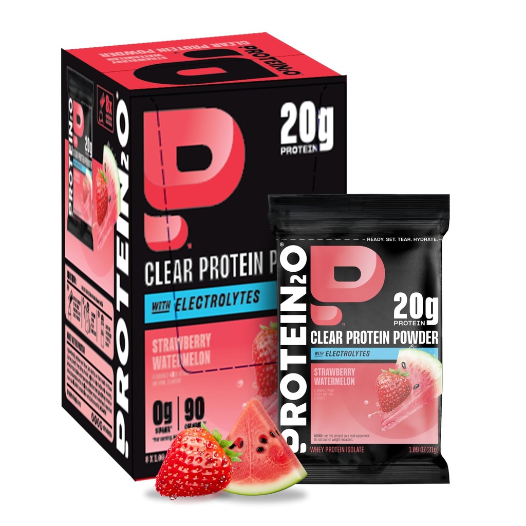 蛋白质2o 20g Whey 蛋白质隔离 清蛋白粉 360mg 电解质 B5 & B6 维生素 B5 & B6 无糖 草莓 西瓜 8-Pack