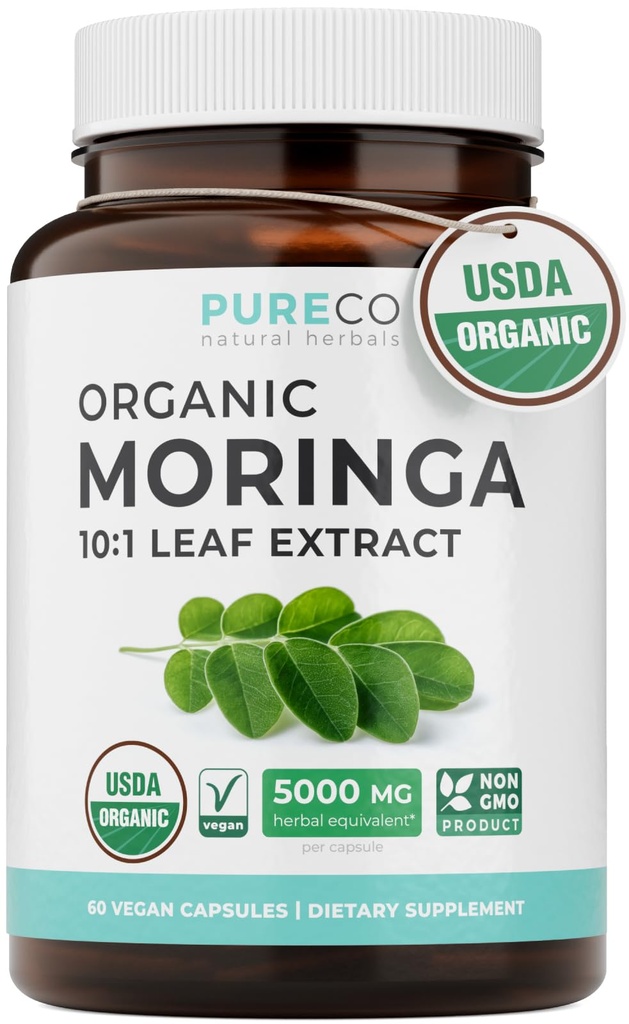 USDA Organic Moringa Capsules - High Potency Organic Moringa 500mg Extract 10:1 Per 1 Capsule Serving - Nutrient Dense Green Superfood Antioxidant - Vegan & Non-GMO Moringa (2 Month Supply)