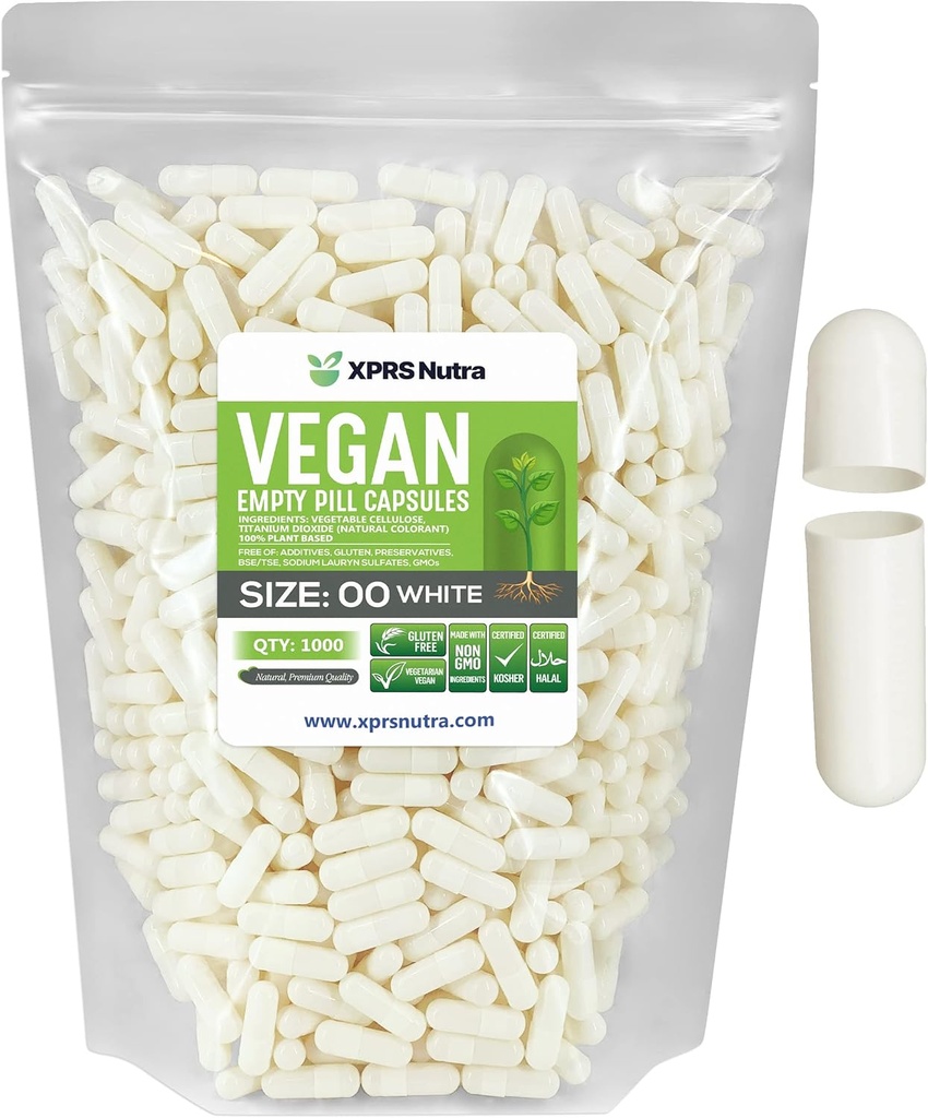 XPRS Nutra Size 00 空卡普勒斯 - 1000 伯爵空 Vegan Capsules - 蔬菜药丸 - DIY 蔬菜药丸填充 - Veggie Pills for Do-It - Yourself Suppers(白色)