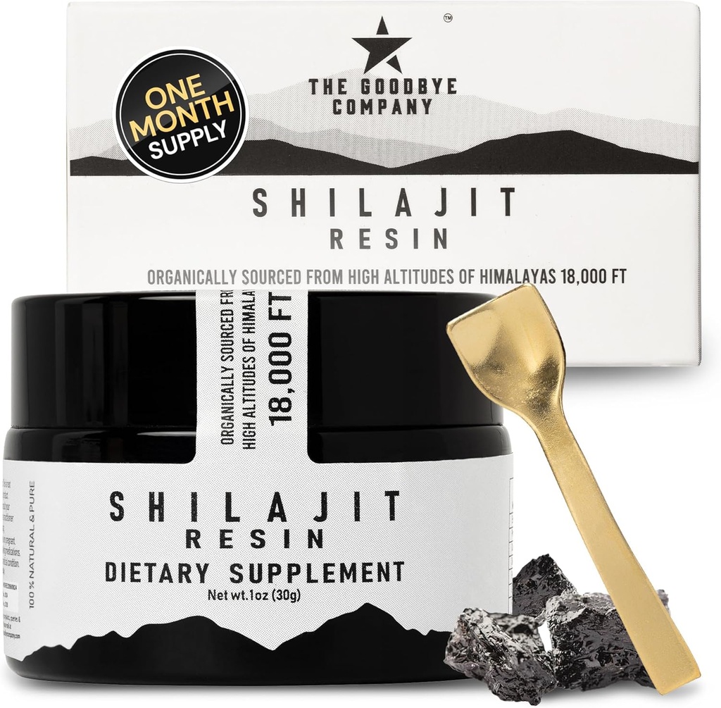 Goodbye 公司纯Shilajit Resin – 具有85+跟踪矿物和纯富尔维酸的有机体;针对男女能源靴,肌肉楼,Stamina,生命力补充3-Months供应