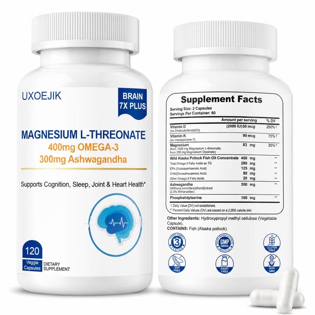 Magnesium L-Threonate and Magnesium Glycinate, 2000mg Magnesium Supplement | Memory, Sleep, and Cognitive Support | Non-GMO, Gluten-Free, 120 Count