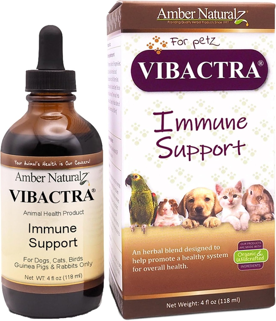 Amber NaturalZ Vibactra Imune 支持狗、猫、鸟、几内亚猪和兔子的草药补充剂。