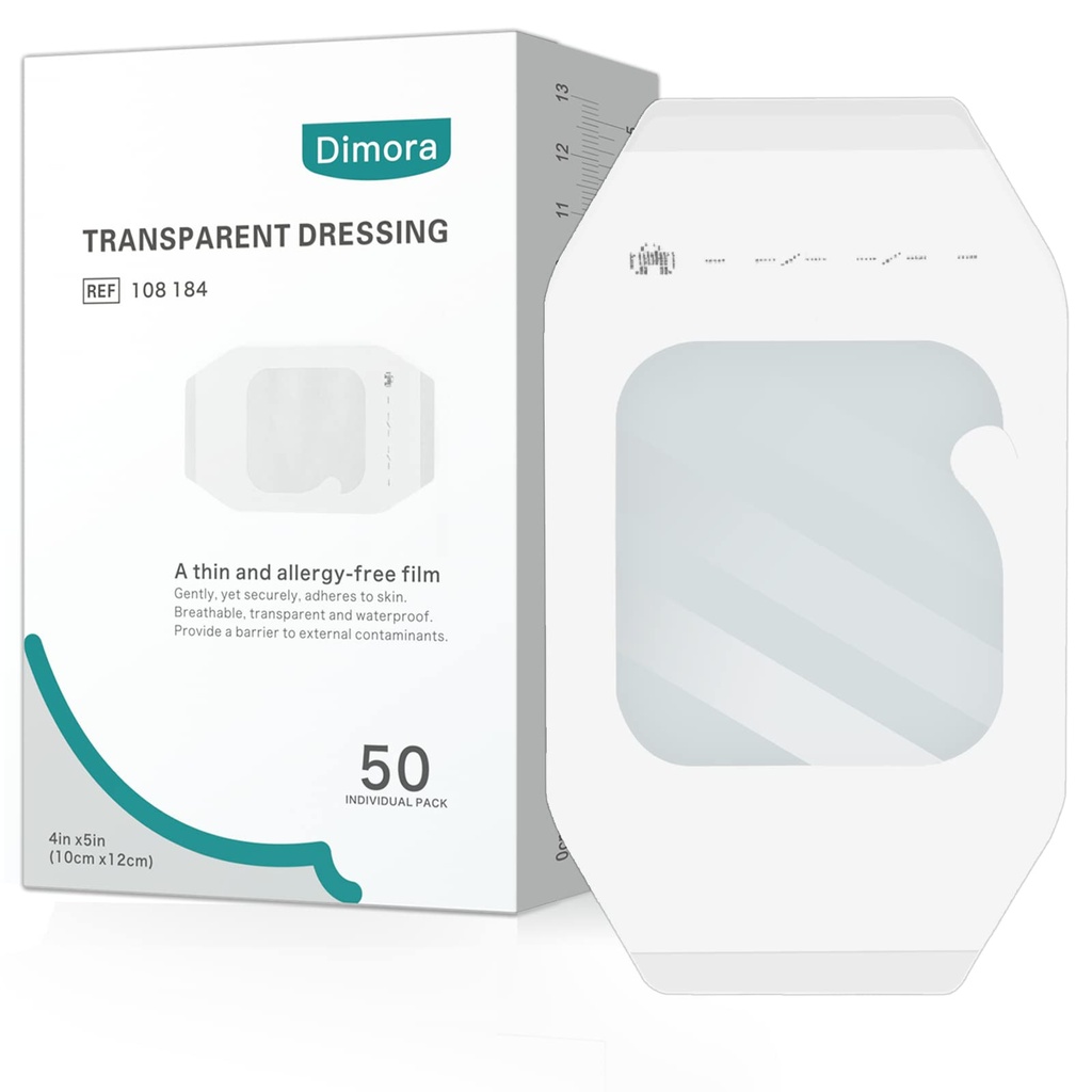 Dimora Transparent Film Dressing 50 Packs, Waterproof Adhesive Clear Bandages 4 in x 5 in, Wound Cover for IV Shield, Tattoo Aftercare Bandage,Clear Bandage Tape for Wound Care