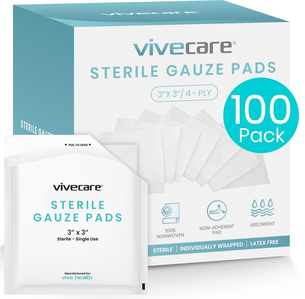 Vive Care 3x3 Sterile Gauze Pads (100 Piece) - Individually Wrapped 2-Pack | Wound Dressing for Cleaning & Cushioning - Non-Adhesive Highly Absorbent Bandages