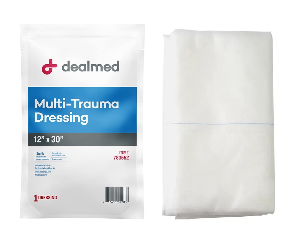 Dealmed 12" x 30" Multi-Trauma Dressing – Sterile Emergency Oversized Pad, Superior Absorbency, Protection and Padding, Wound Care Product for First Aid Kit (Pack of 1)