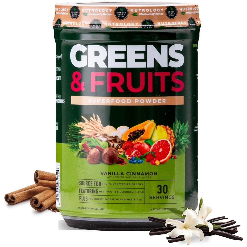 营养学 Greens & Frues Powder - Naturally sourced Superfood, Beet Powder, 蘑菇混合剂, Probiotics, 消化酶, Fiber, 抗氧化剂, 免疫支持, Gluten Free - 香草桂