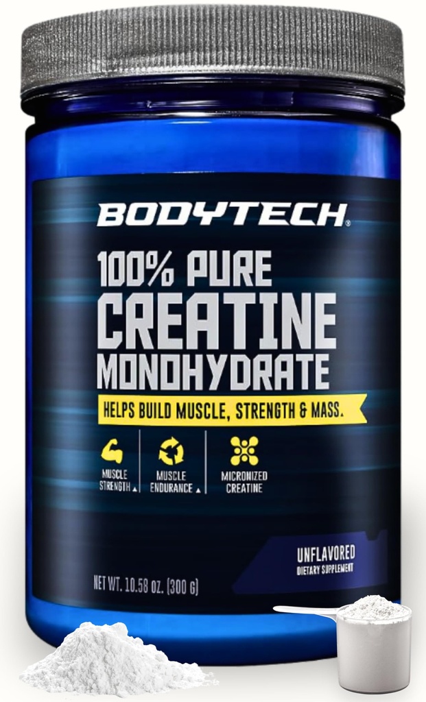 BodyTech Creatine 单水合物粉末,无味微粉末粉末配方,男女每服一次5克,预修和后修补,Gluten Free,Sugar Free,10.58 Oz,60服
