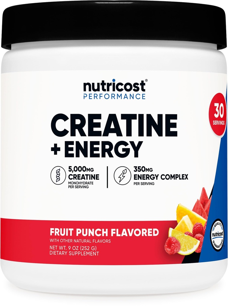 营养成本 Creatine + 能源 30 服务(Fruit Punch Flavored) - 5,000mg Creatine 单水合物 + 350mg 能源复合物