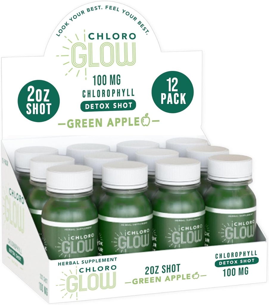 氯糖体(Chloroglow Chlorophyll Shots) – 有机植物基绿色苹果饮料用于免疫支持和身体清洁 – 自然补充(12包)