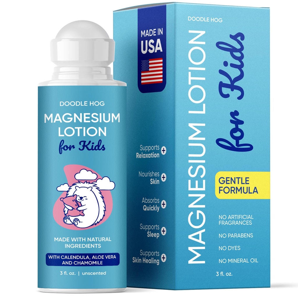 DOODLE HOG Magnesium Lotion for Kids, With Calendula, Aloe Vera and Chamomile, Magnesium Lotion for Sleep, Made in USA Kids, Roll-On Application, 3 fl oz