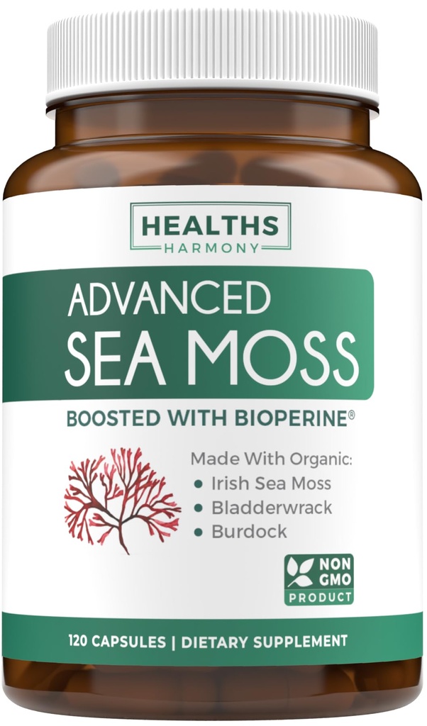 爱尔兰有机海 Moss Capsules - 有机海 Moss Capsules with Bladderwrack Burdock Root and Black Pepper 提取物用于强化吸收 - Vegan Non-GMO & Made in The America(2个月供应)