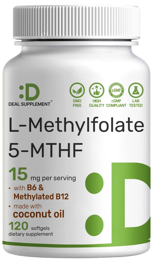 L-Methylfolate L-Methylfolate L-Methylfolate 15 mg Perference, 120 椰油软胶 → 3-in-1 配有活性5-MTHF 甲基维生素B9, B6和甲基化B12 → Active Folate Supplement L-Methylfolate + → Non-GMO, Gluten Free
